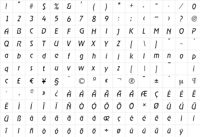 OnStageSerial-Light Italic  glyph index