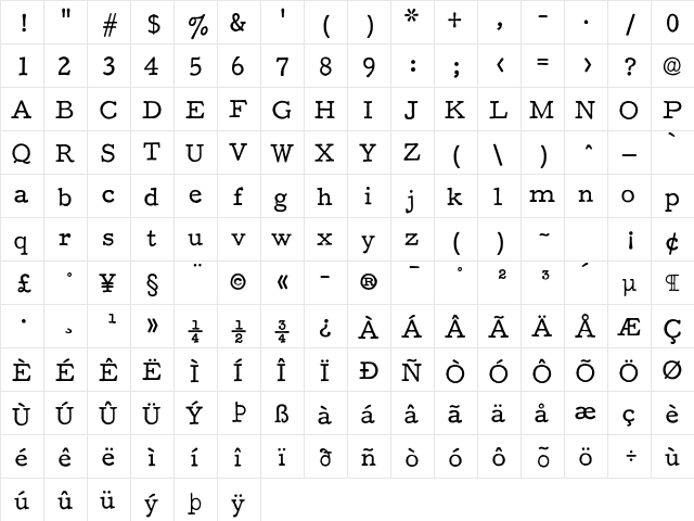 F25 Executive Regular  glyph index