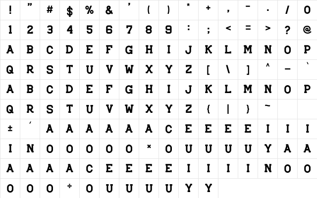Brader John Regular  glyph index