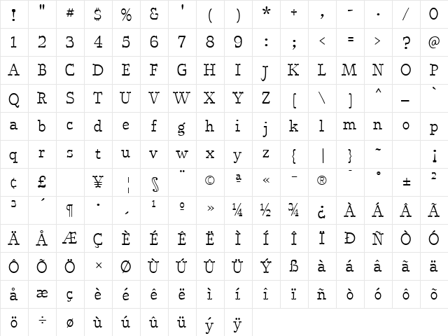 Erkball Regular  glyph index