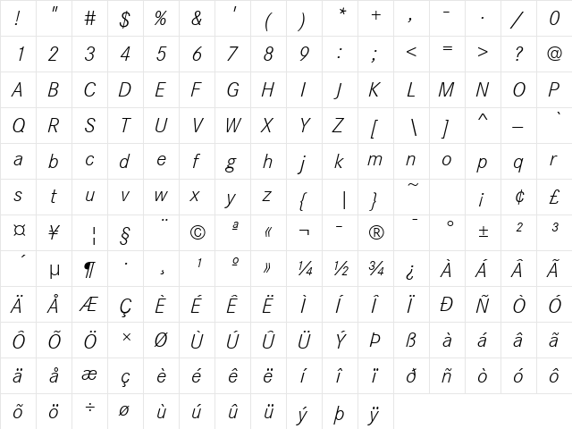 CorpoSLig Italic  glyph index