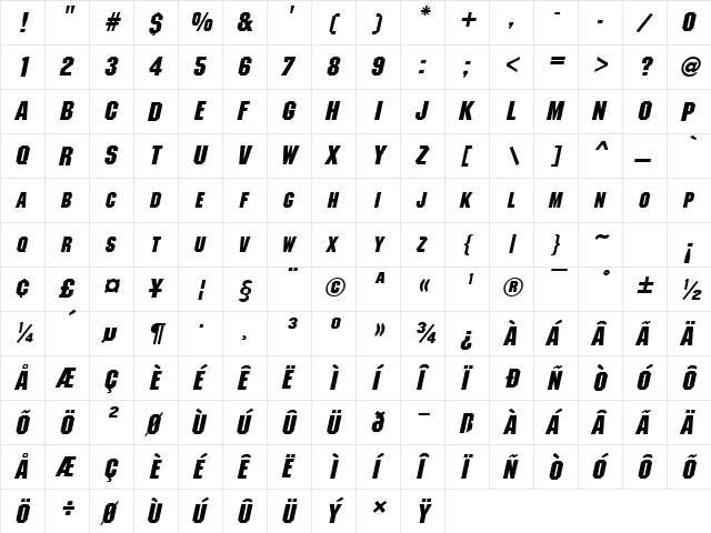 MetalEncasement Italic  glyph index