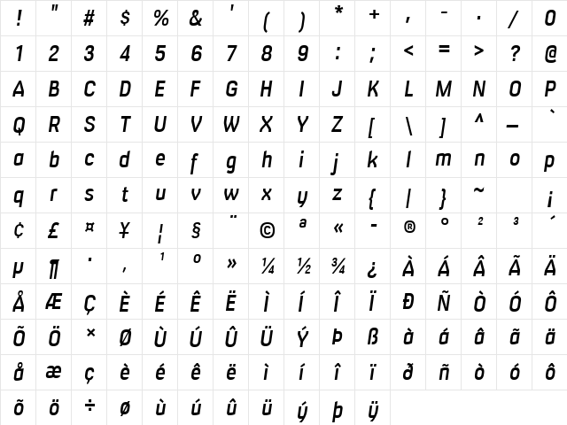 Milibus Sb Italic  glyph index