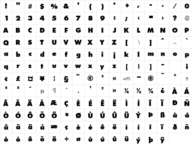 Futurist XtraHeavy Normal  glyph index