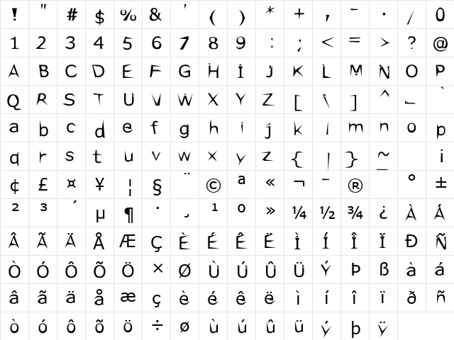 Verdana Regular  glyph index