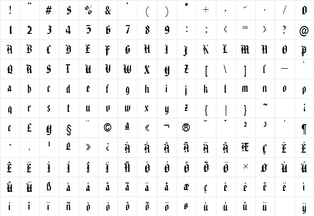 Amhurst SF Regular  glyph index