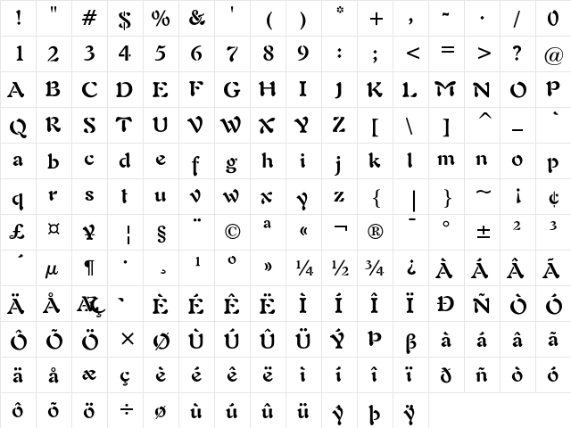 Freeform 721 Bold  glyph index