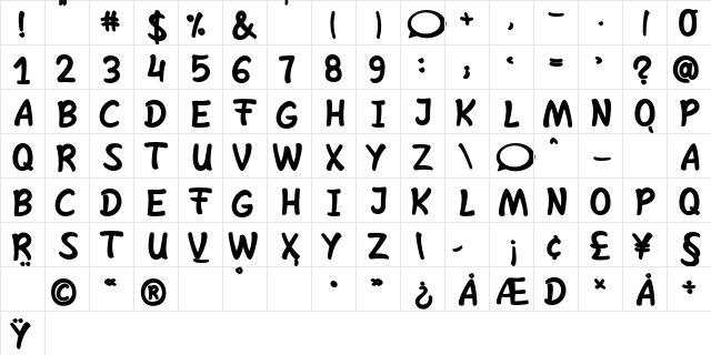 Shelta Hand* Bold  glyph index