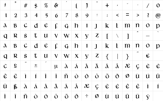 Robespierre Regular  glyph index