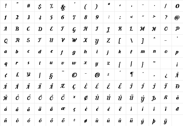Carten Regular  glyph index