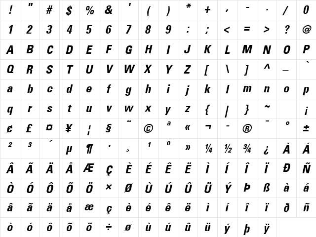 Univers 47 CondensedLight Bold Italic  glyph index