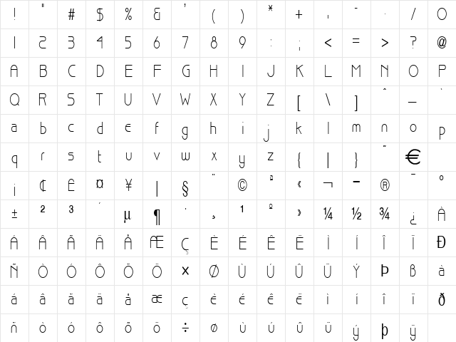 BasqueThin Normal  glyph index