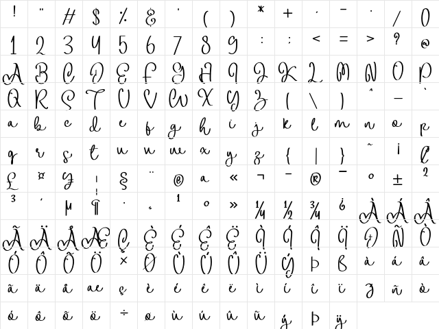 Amellis Regular  glyph index