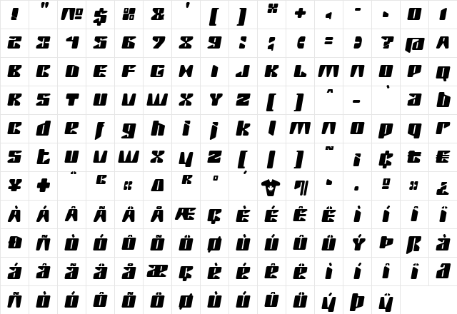 Rush One Regular  glyph index