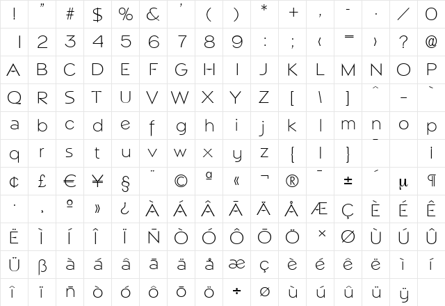 NapoliSerial-Xlight Regular  glyph index