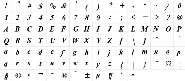 NewtonC Bold Italic  glyph index