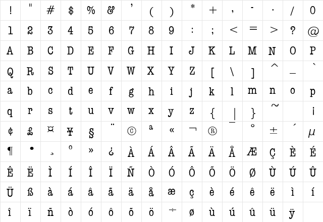 DatelineCondensed Plain  glyph index
