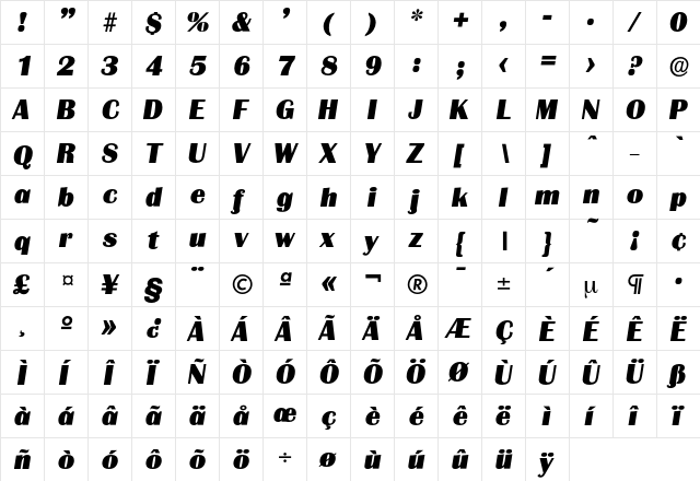 Grenoble-HeavyIta Regular  glyph index