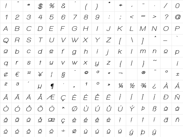 Walkway Upper Oblique Bold Regular  glyph index