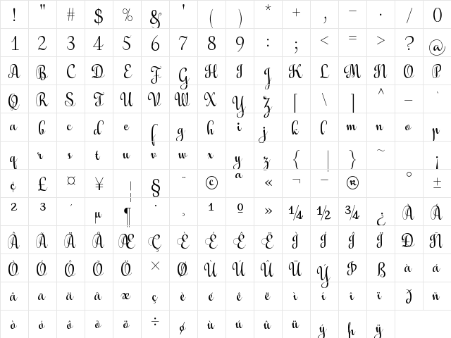 Aulyars Regular  glyph index