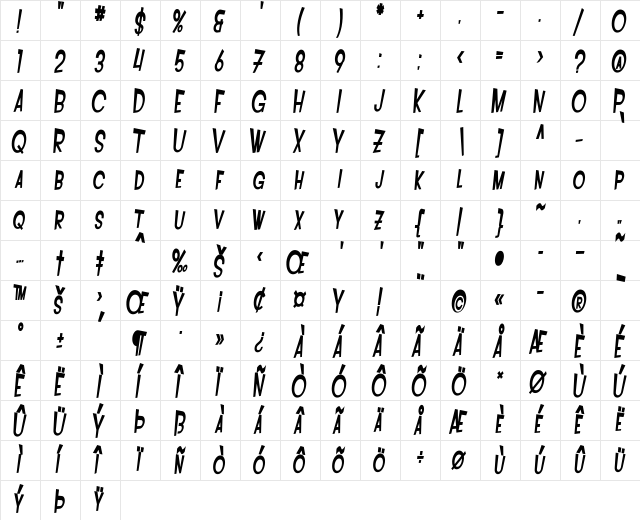 SF Intoxicated Blues Bold Oblique  glyph index