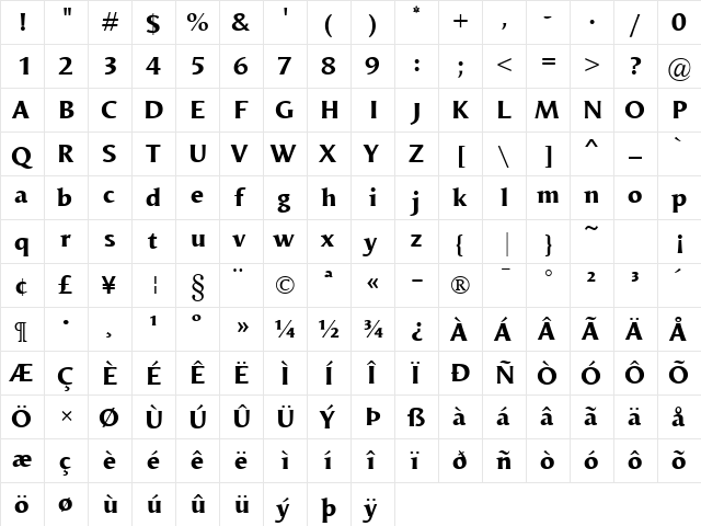 Odense XBold Regular  glyph index