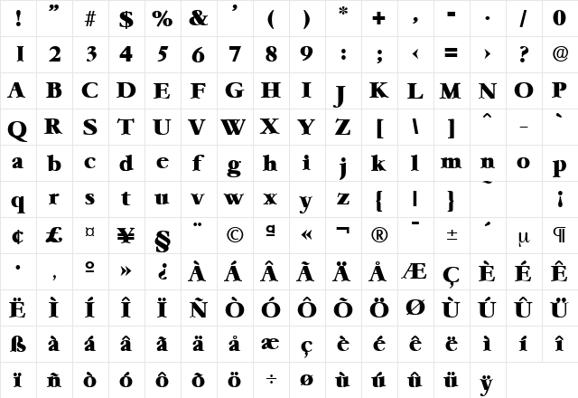 Garamond-Serial-Heavy Regular  glyph index