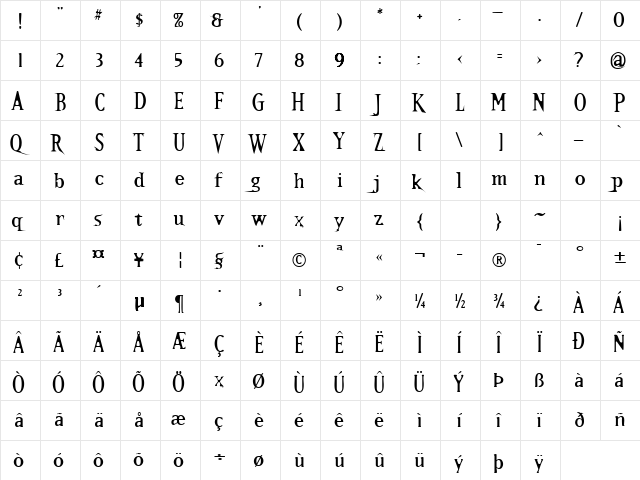 Kallamar Stout Regular  glyph index