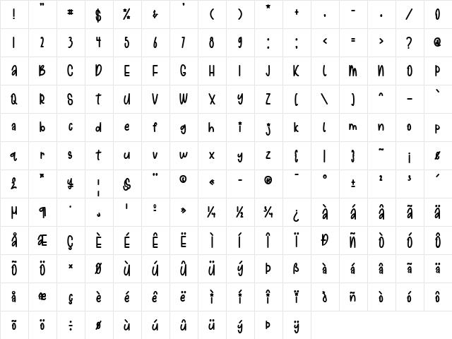 Starmoon Regular  glyph index