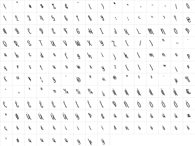 Selasa Regular  glyph index