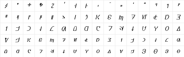 Aurebesh_Rodian Oblique  glyph index