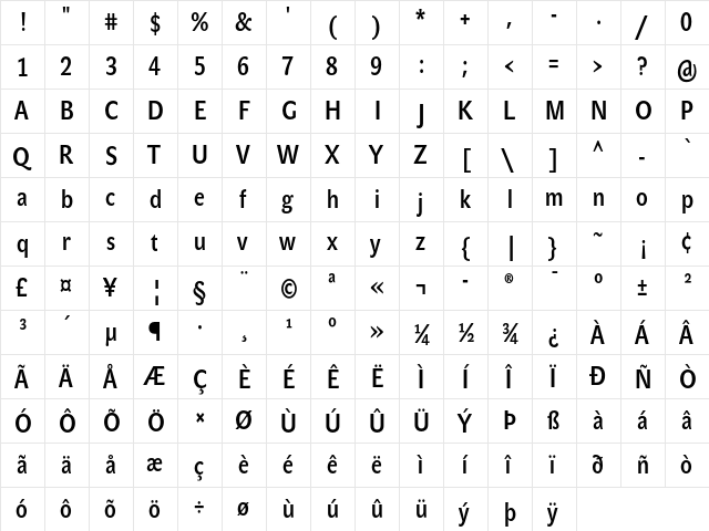 JohnSansCond Lite Pro Bold  glyph index