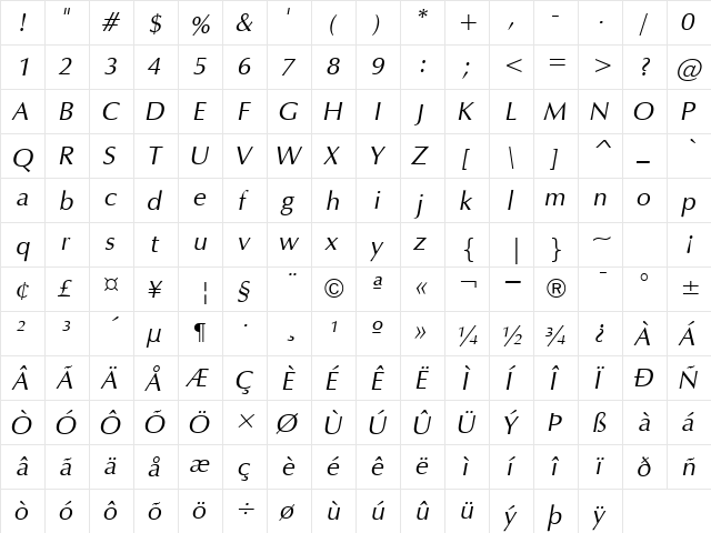 Vera Humana 95 Italic  glyph index