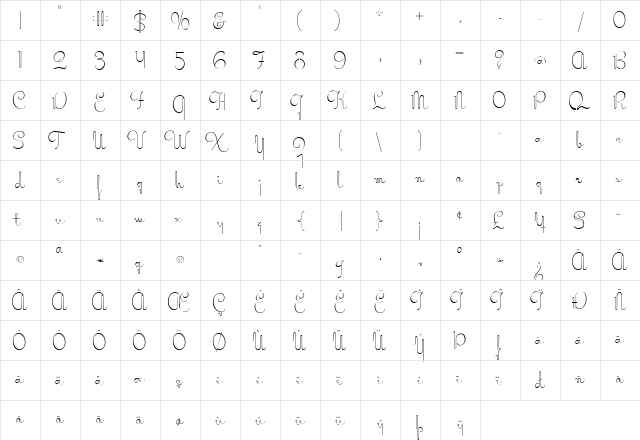Miss Stephams Regular  glyph index