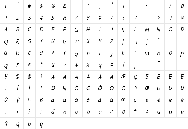 Parson-Condensed Italic  glyph index