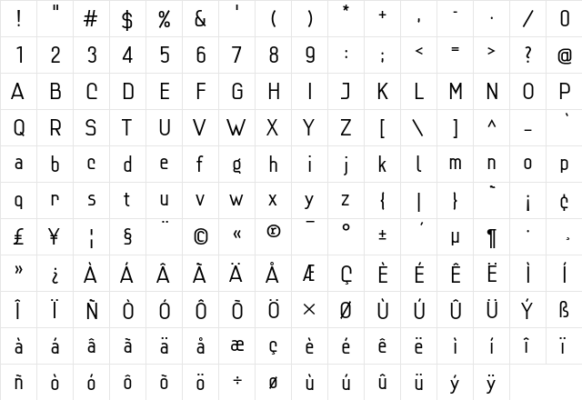 Lindau Light  glyph index
