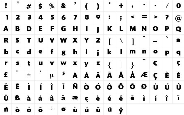 BengasiBold Regular  glyph index