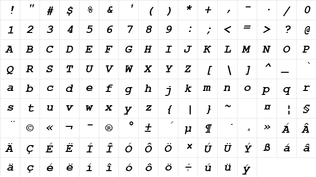 Courier New CE Bold Italic  glyph index