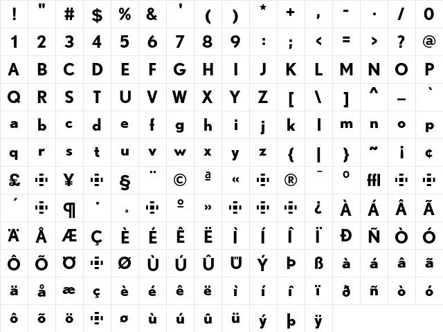 Nobel Bold  glyph index