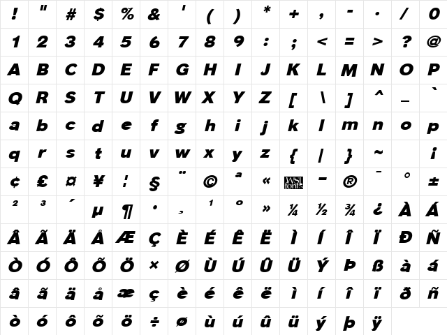 PhinsterHeavy Italic  glyph index