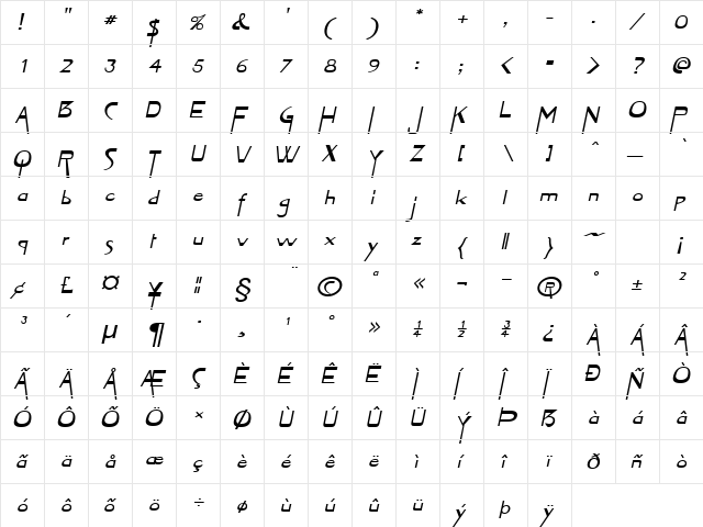 TabletExtended Italic  glyph index