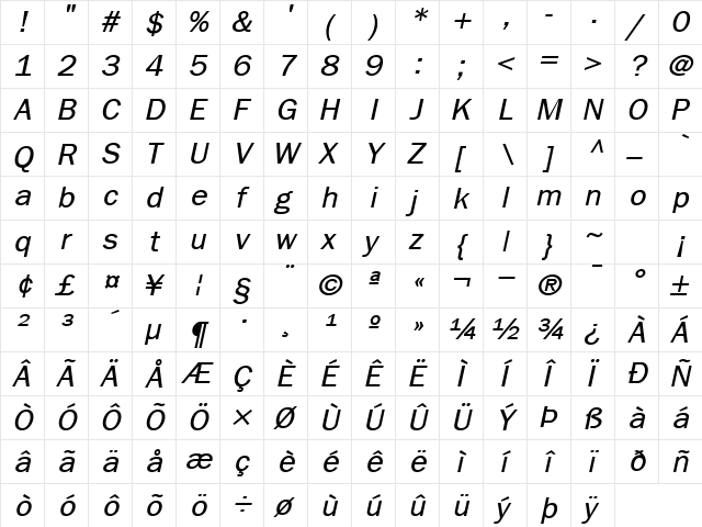 LibraryGothicMedium Italic  glyph index