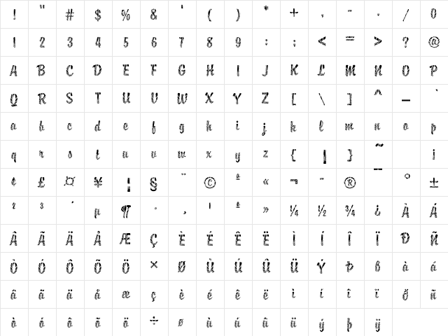 DTCBrodyM35 Regular  glyph index