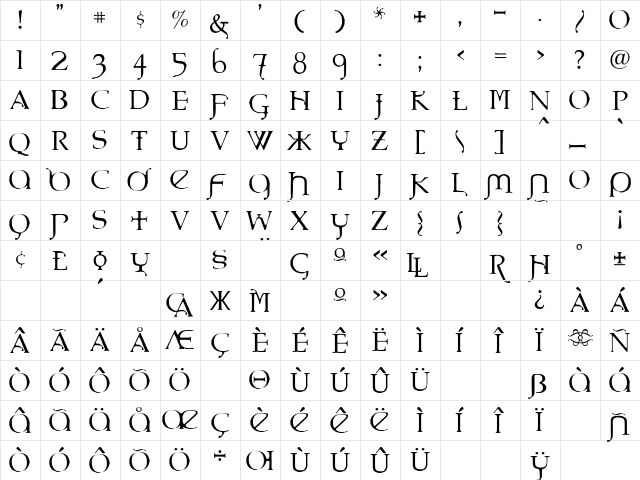 Eremaeus Lhf Regular  glyph index