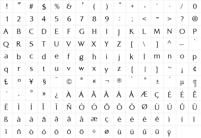 AlexonLight Regular  glyph index