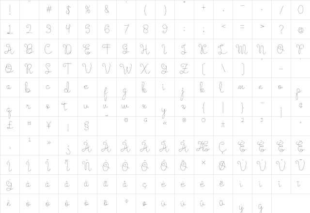 Evangetta Thin Regular  glyph index