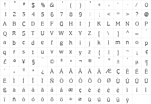 EquestrienneLight Roman  glyph index