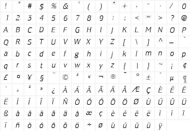 LesmoreLightItalic Roman  glyph index