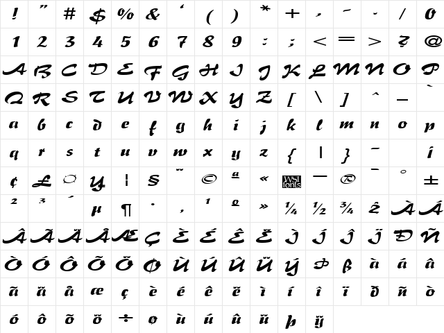 BrushFlairExpanded Regular  glyph index