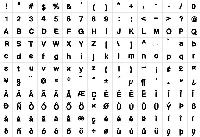 Comic Helvetic Heavy  glyph index